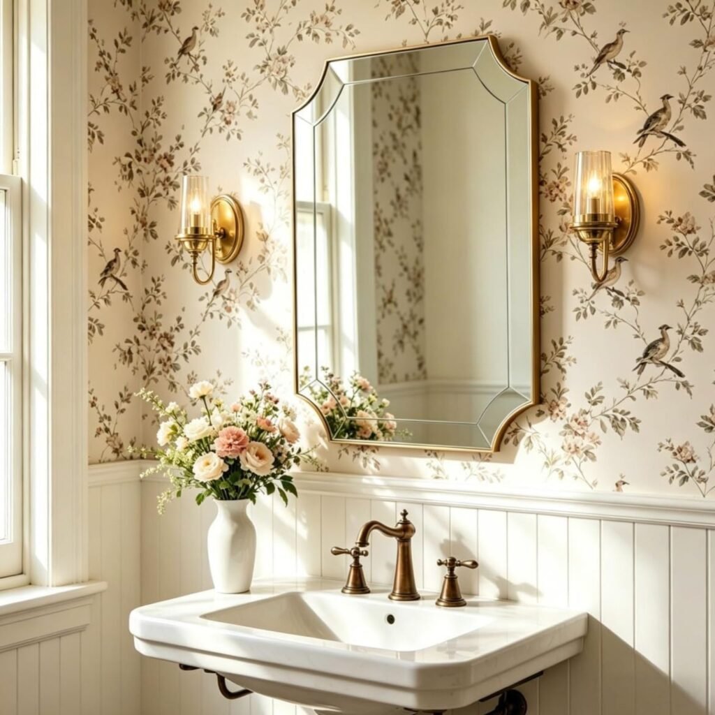 scalloped corner vintage look mirror in cottage core bathroom with chinoiserie wallpaper 