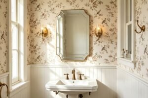 Coastal grandmother powder room with scalloped mirror flanked by brass sconces over pedestal sink.