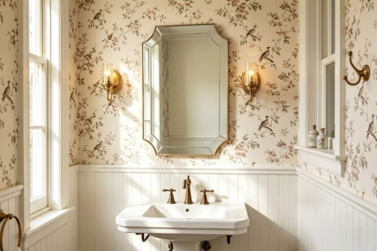 Coastal grandmother powder room with scalloped mirror flanked by brass sconces over pedestal sink.