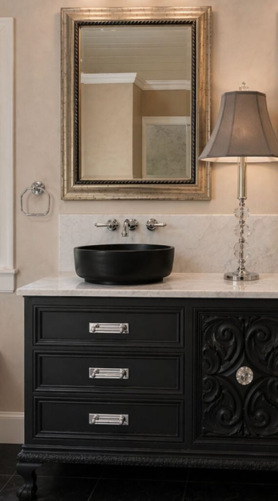 MOCKUP of our master bath vanity refresh. Black antique dresser with Calacatta marble, polished nickel cabinet hardware, and vintage glass door knob 