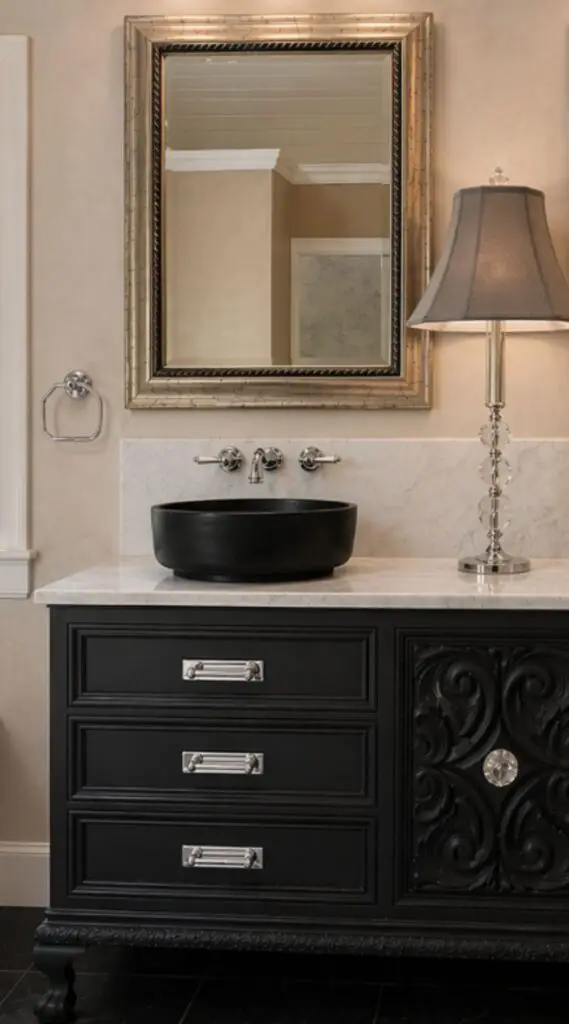 MOCKUP of our master bath vanity refresh. Black antique dresser with Calacatta marble, polished nickel cabinet hardware, and vintage glass door knob 