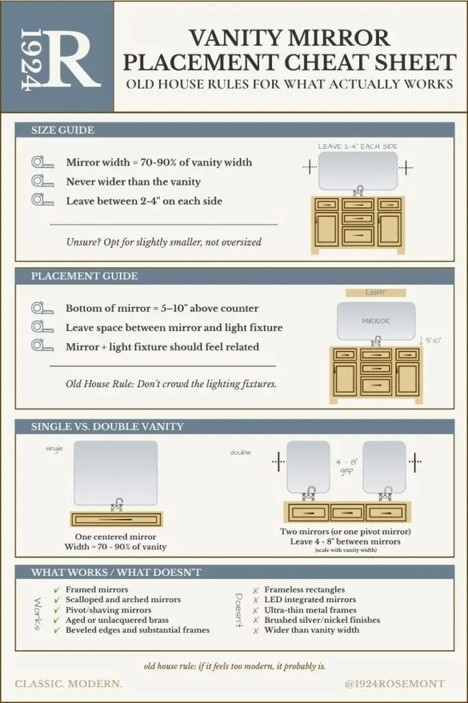 A cheat sheet describing vanity mirror placement guidance over single and double vanities