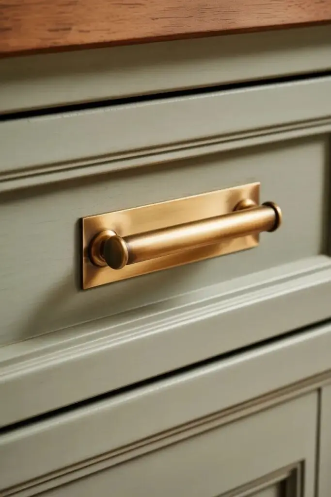 drawer pull with backplate on unlacquered brass on inset kitchen cabinet
