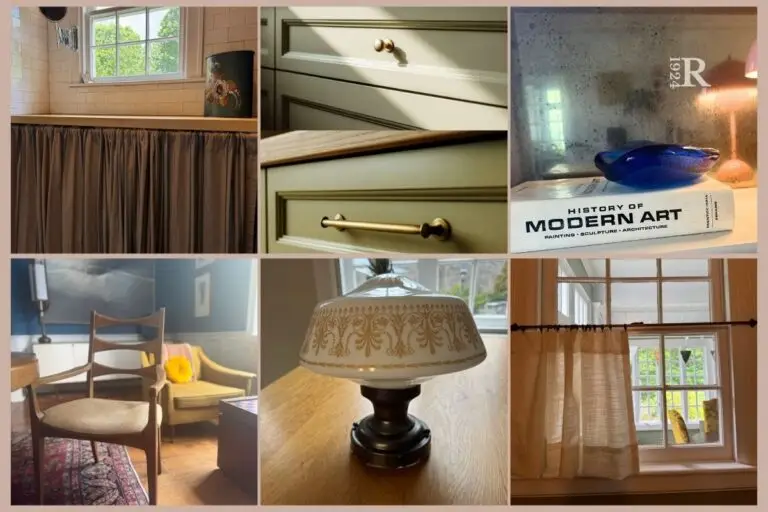 6 images of DIY Old House Projects: skirted counters, cabinet hardware, foxed antique mirror, recovered dining room chair, restored kitchen light fixture, café curtain