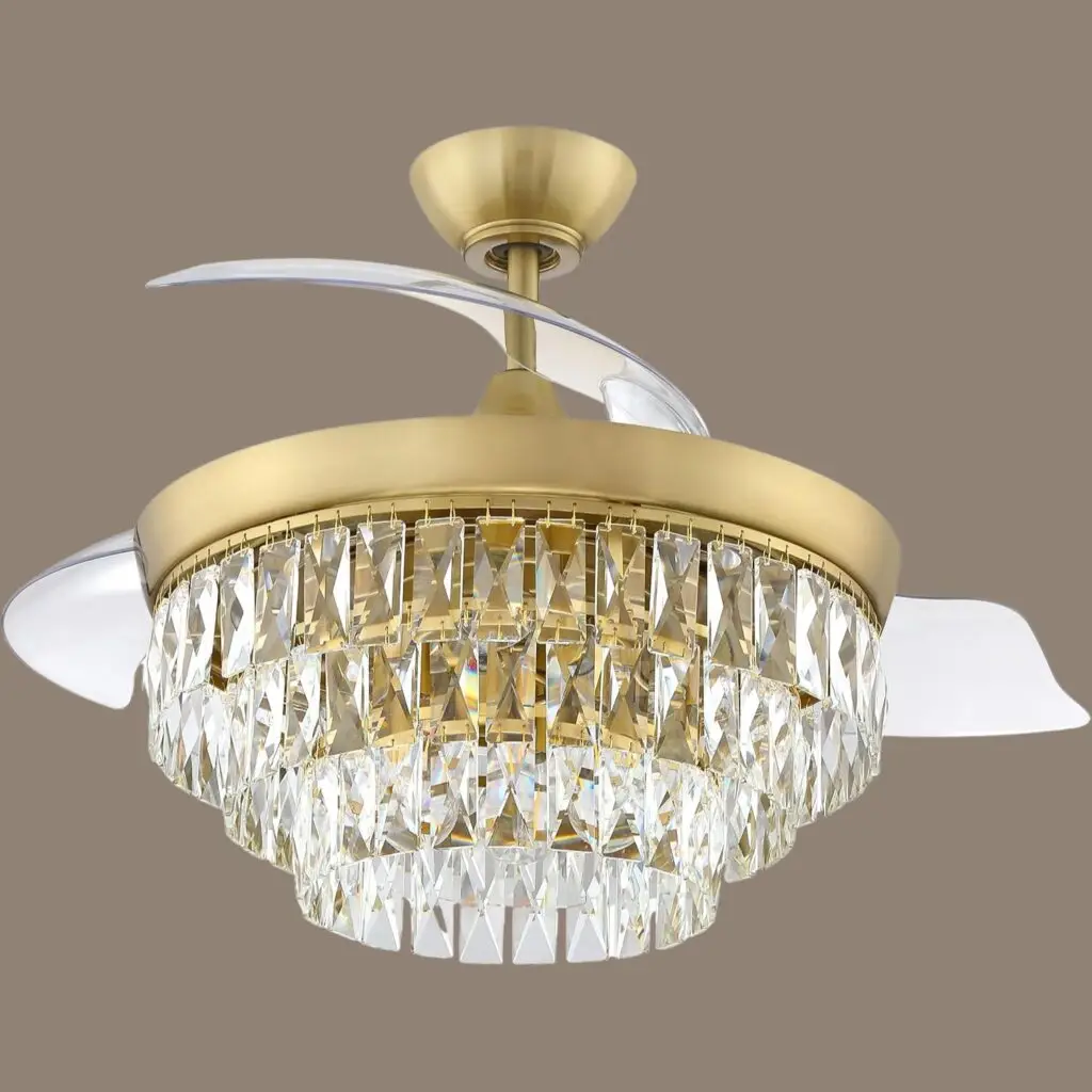 Satin brass Sophia fandelier ceiling fan with crystals and transparent blades