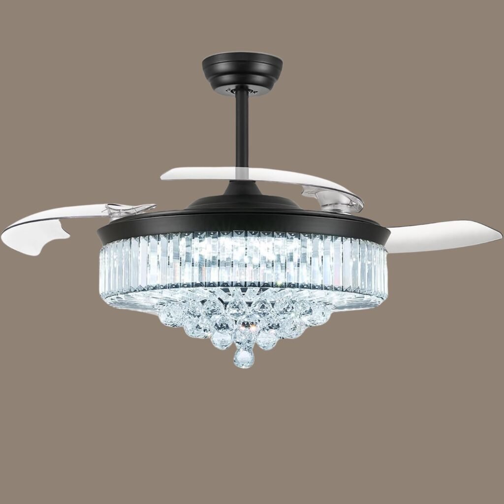 Black finish fandelier ceiling fan with crystal drops and translucent fan blades 