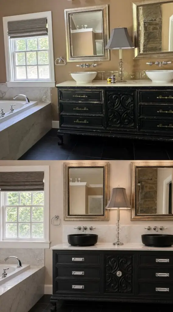 Bathroom vanity refresh before and after showing a vintage vanity upcycled into a bathroom vanity with vessel sinks before and after refinishing