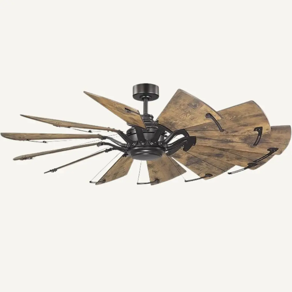 Barnwood ceiling fan in a windmill style with black iron housing