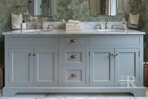 Blue bathroom vanity in 1924 home with cup pulls and simple knobs