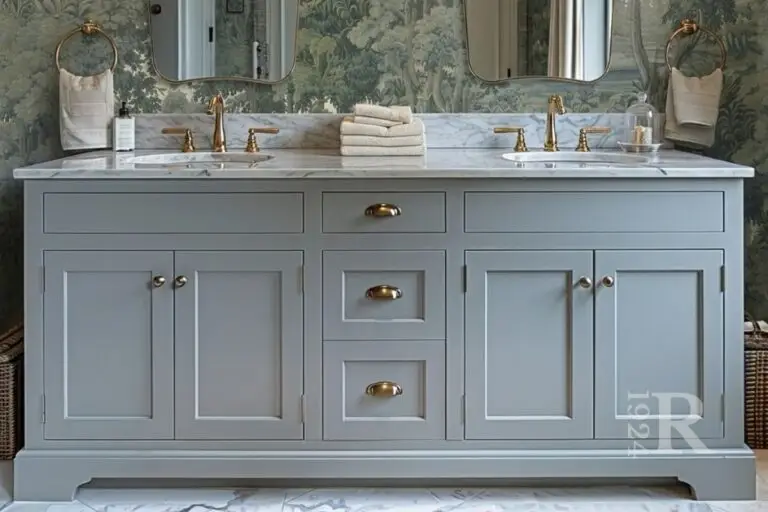 Blue bathroom vanity in 1924 home with cup pulls and simple knobs