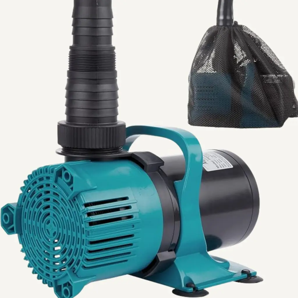 Teal and black Alpine Corporation Vortex fountain pump with a mesh debris pre-filter bag.