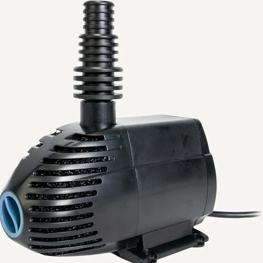 Black Aquascape Ultra Series fountain pump with a stepped fountain-head outlet on top.