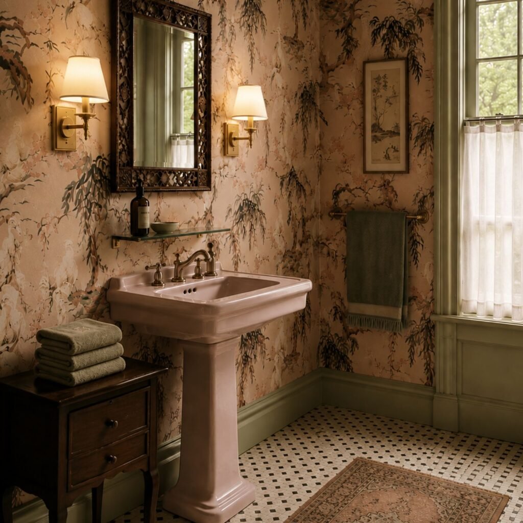 Chinoiserie wallpaper in an old house powder room.