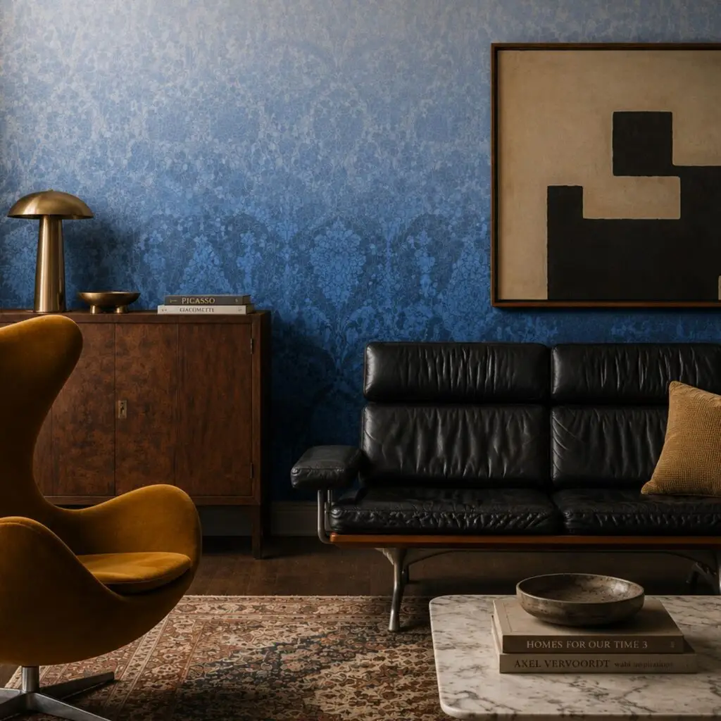 Tonal damask wallpaper in an old house living room with moody masculine modern tension.