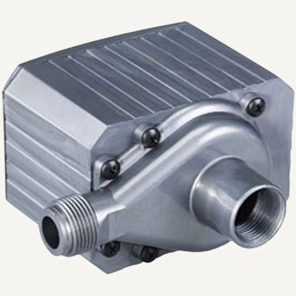 Silver aluminum Danner Pondmaster Pond-Mag magnetic-drive fountain pump with a threaded outlet.