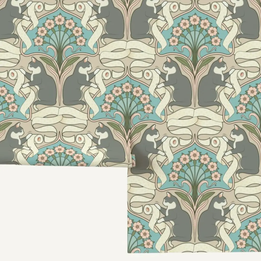 Gray Cat Art Nouveau wallpaper in sand, a whimsical menagerie print