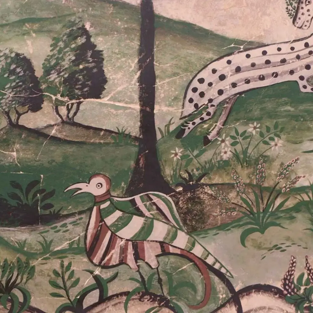 Kit Kemp Mythical Land mural old house wallpaper in Setting Plaster
