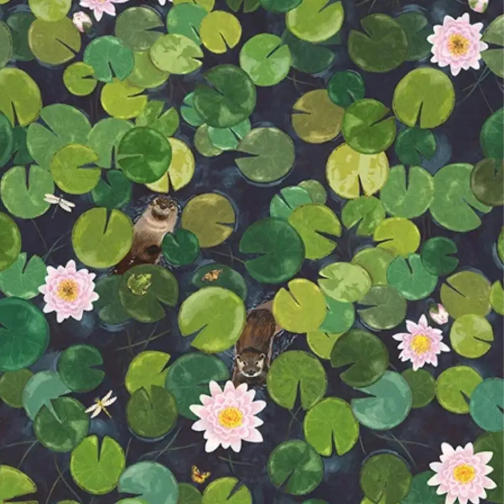 Little Greene Lily Pads mural wallpaper with otters and kingfishers