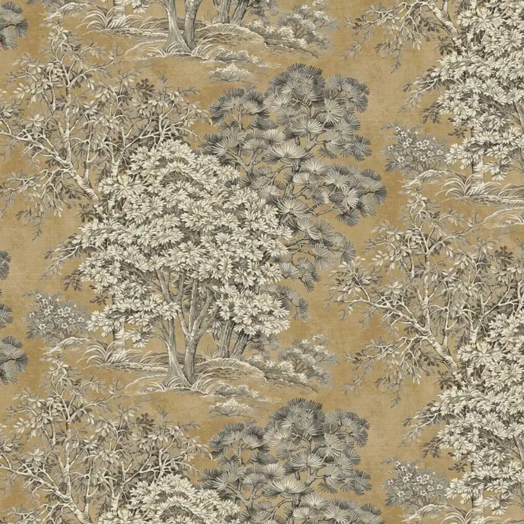 Majestic Trees grasscloth old house wallpaper in Gold