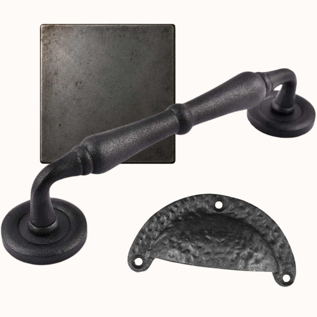 Iron sample, cup pull, and drawer pull to illustrate the finish and its metal care