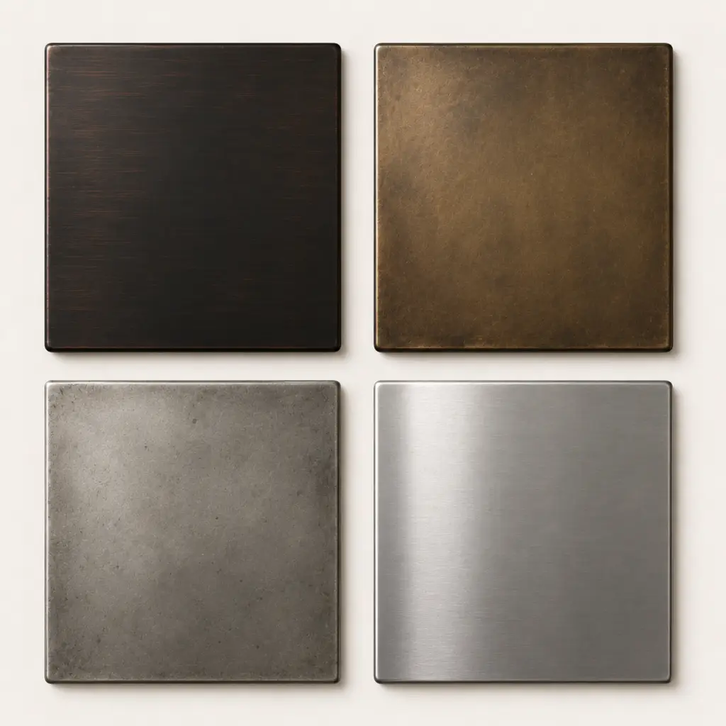 Oil-rubbed bronze, aged bronze, pewter, and stainless steel finish swatches for an old house