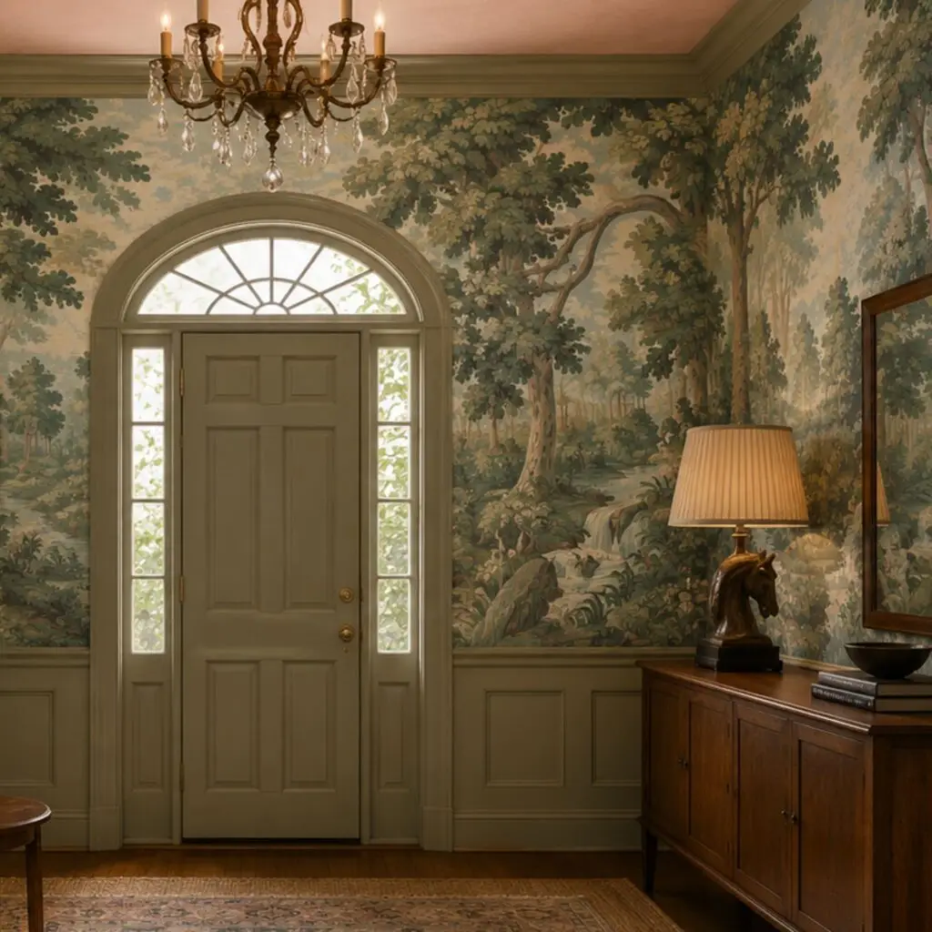 Scenic & painterly botanical mural wallpaper on an old house entry hall.