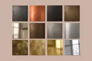 A grid of 12 metal finish samples including living and lacquered brass, nickel, copper, iron, and bronze