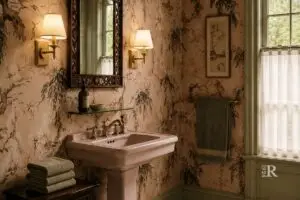 Old House Wallpaper in Pink Chinoiserie for a 1920s bathroom with green trim, pink pedestal sink, and brass sconces