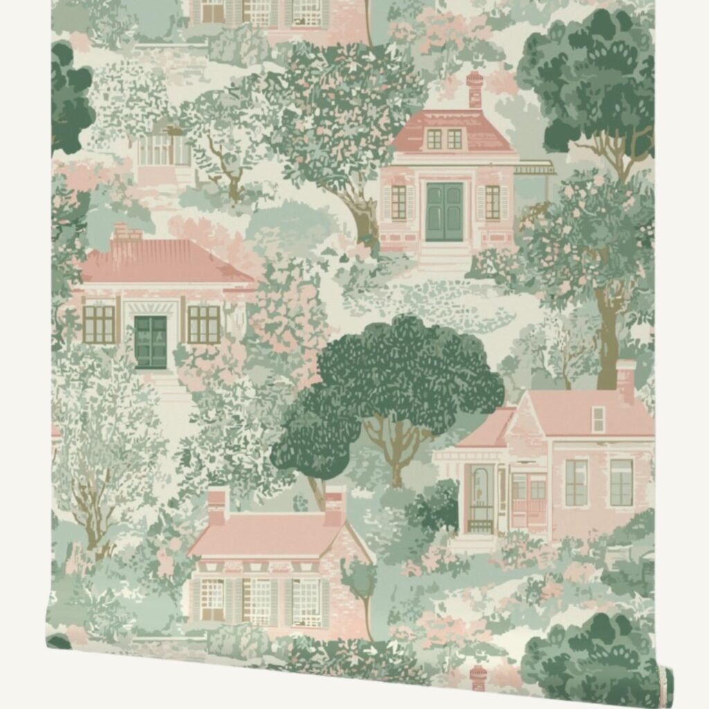 Pastel Garden Cottages French toile wallpaper in green and pink