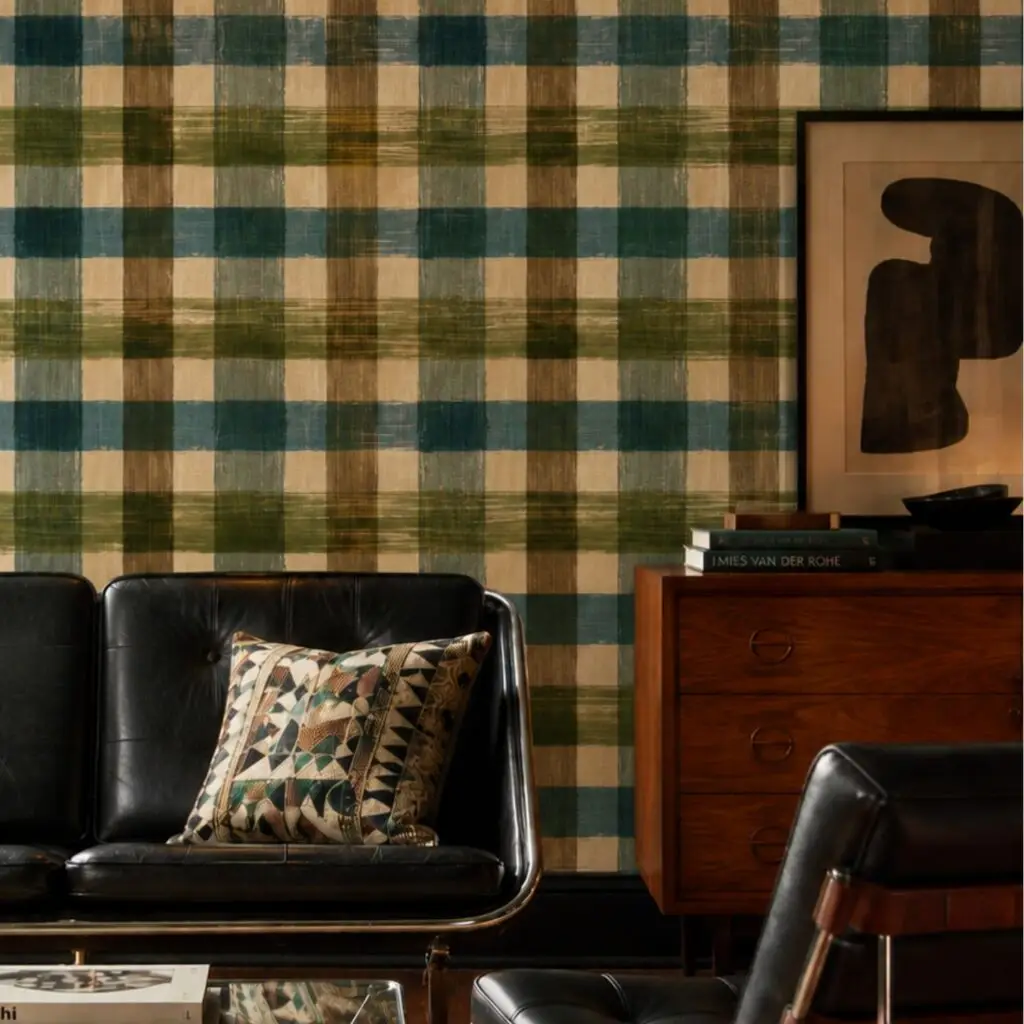 Hand-painted tartan wallpaper in an old house 1920s home office study