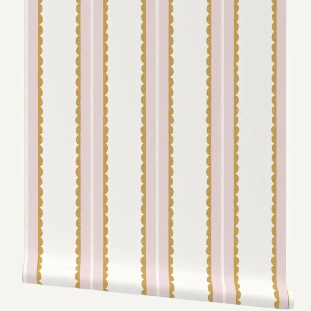 Playful scalloped vertical stripe wallpaper in pink and yellow
