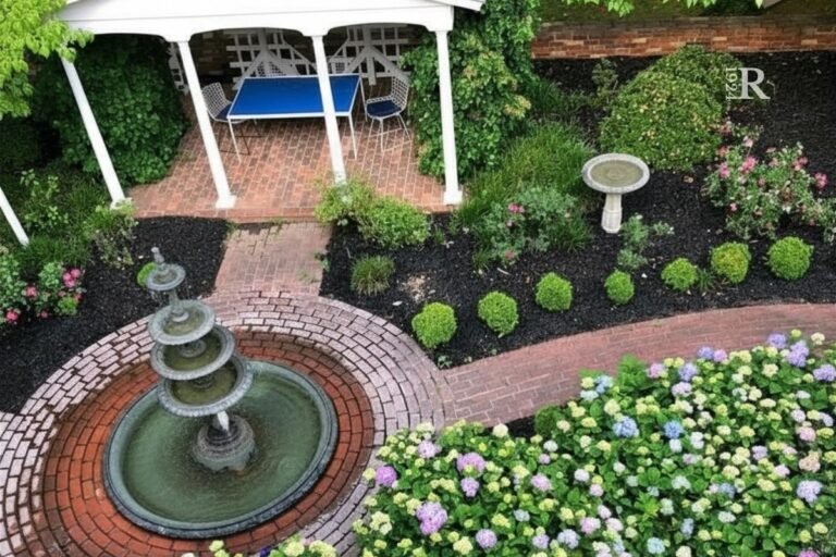 Weathered four-tier garden fountain ringed in brick and hydrangeas — the fountain pump replacement project at Rosemont