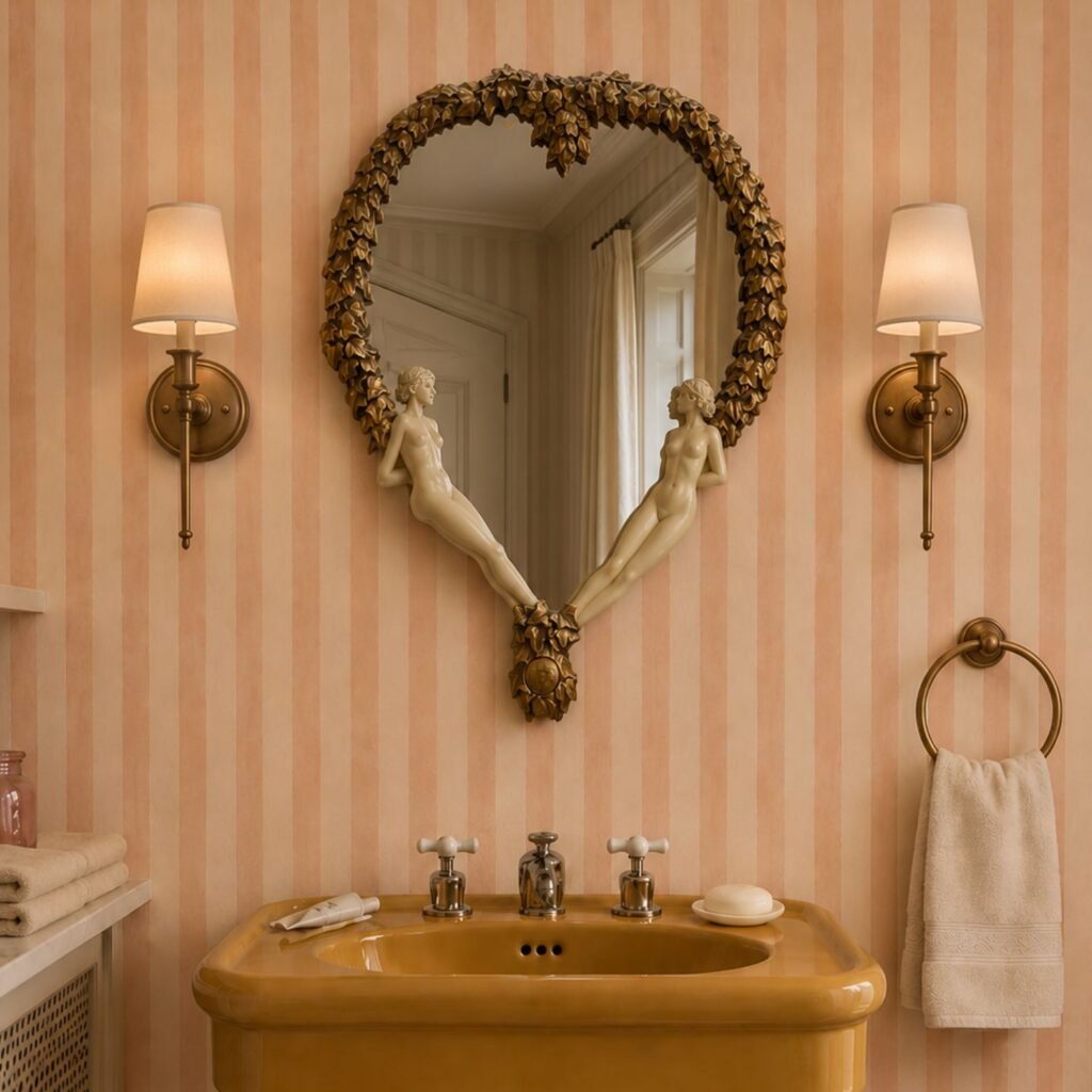 Pink painterly stripes in an 1920s powder room with ochre pedestal sink