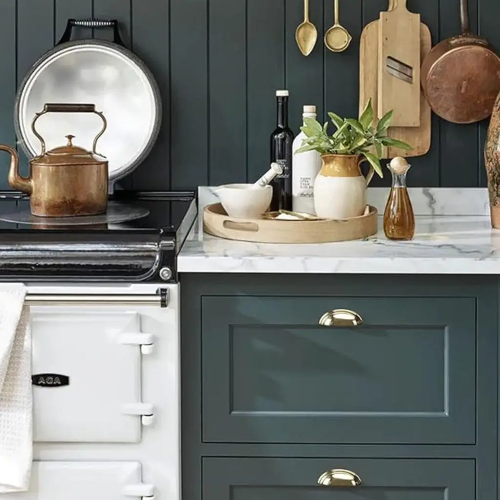 Unlacquered Brass Cup Bin Pull in Classic Kitchen with Inset Doors