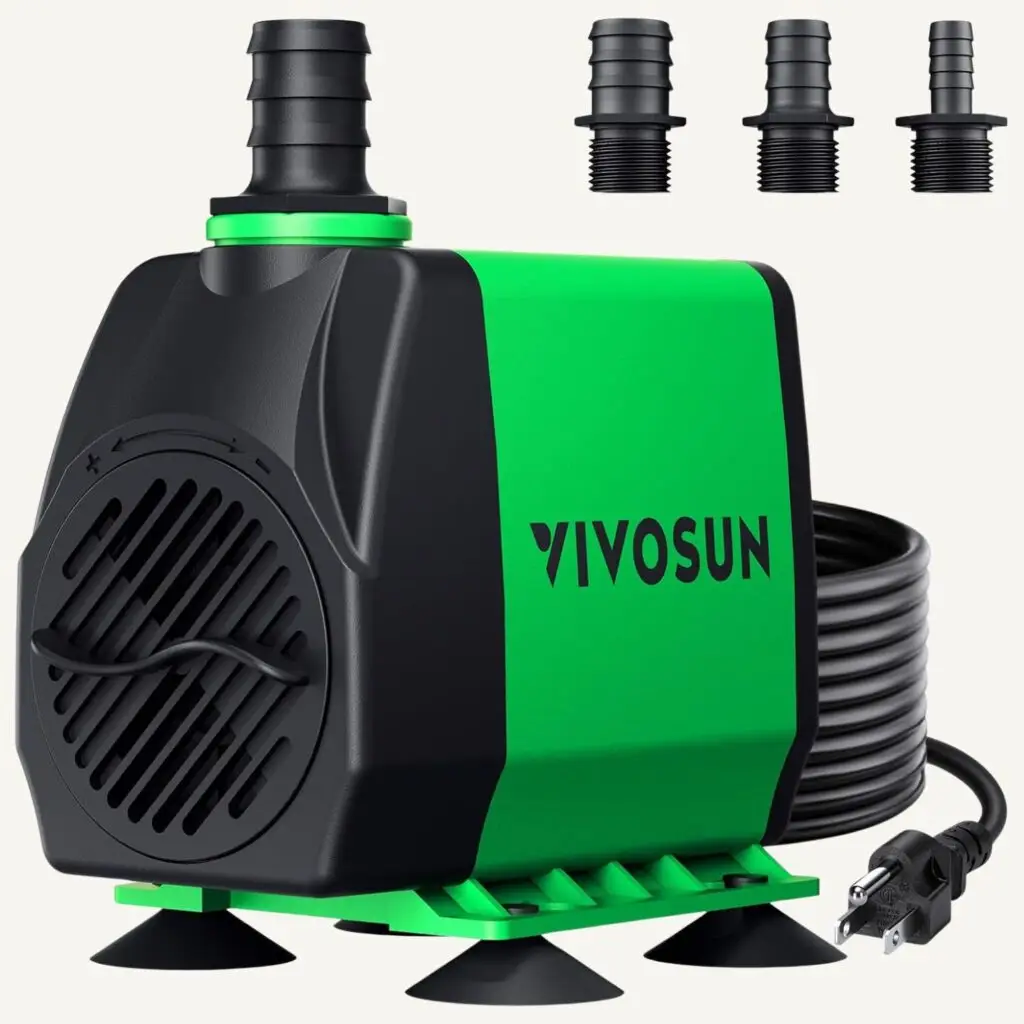 Black and green VIVOSUN 800 GPH fountain pump with three nozzle adapters and a coiled power cord.