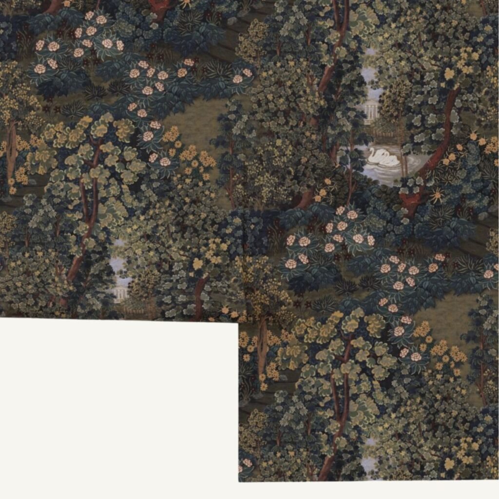 Verdure Tapestry Garden wallpaper in dark green with hidden swans