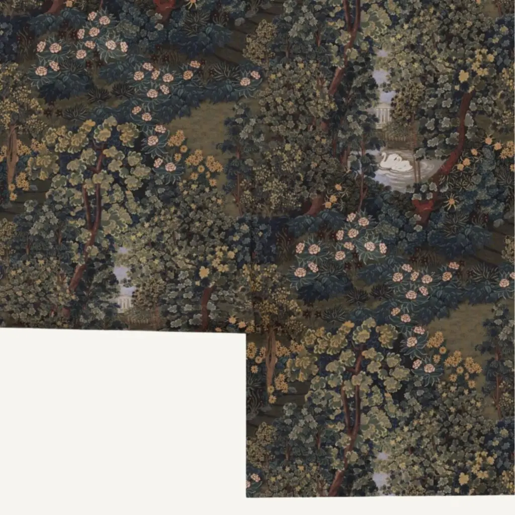 Verdure Tapestry Garden wallpaper in dark green with hidden swans