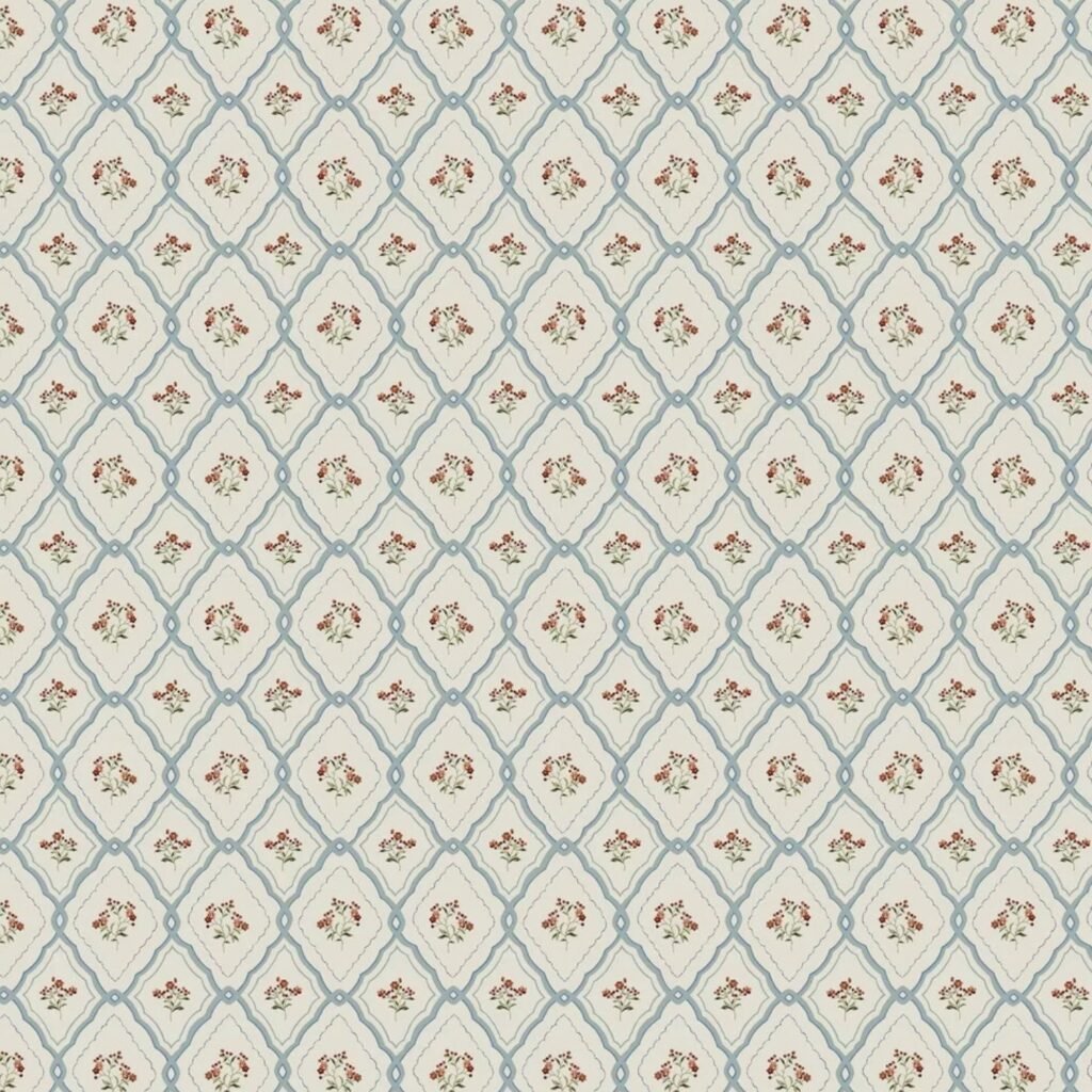 Laura Ashley Pinford Trellis floral wallpaper in pale seaspray blue