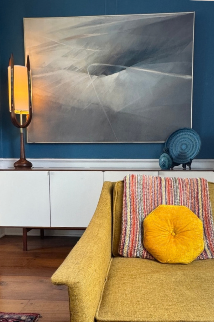 Large Rochelle Blumenfeld 1978 untitled abstract acrylic painting in the dining room at 1924 Rosemont