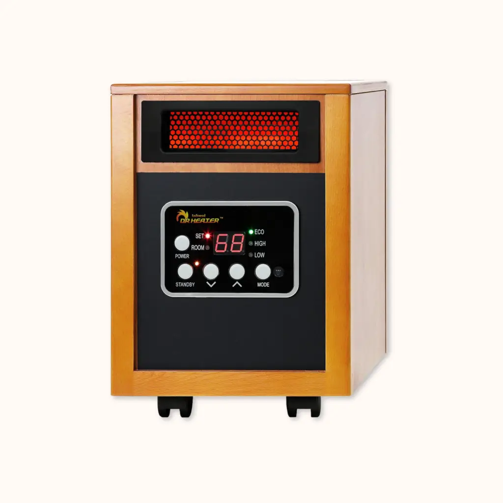 Dr Infrared DR-968 portable infrared heater in a cherry wood cabinet for old house rooms without radiators
