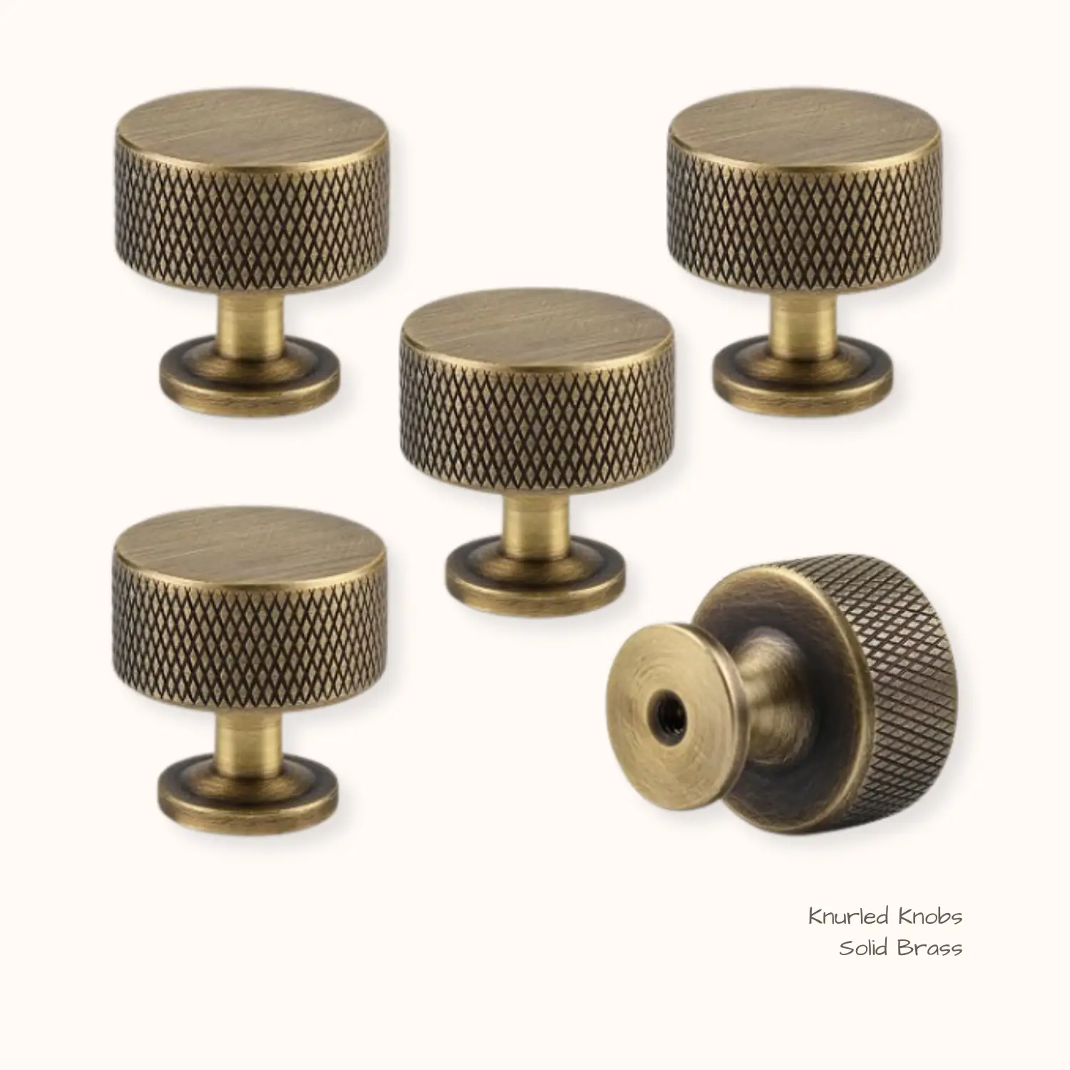 Knurled solid brass cabinet knobs, five pack, for an old house kitchen