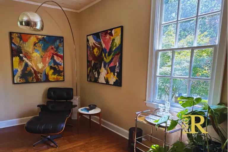 A Sneaky Modern corner of my Old House Office. Sunny moment in the office reading nook where the vintage FLOS Arco Lamp is configured for automation using a smart plug integrated with our Phillips Hue system.