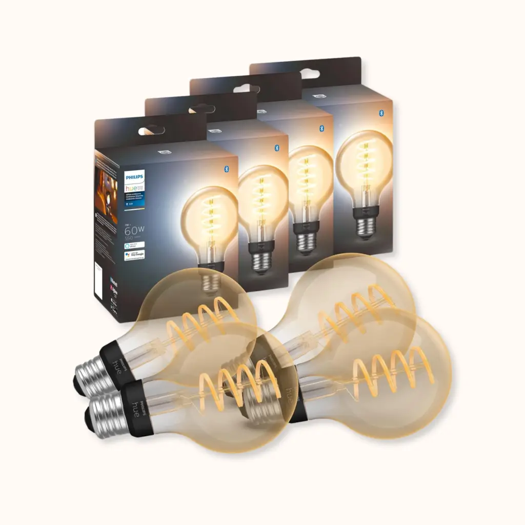 Philips Hue G25 filament smart bulb for vintage light fixtures in an old house