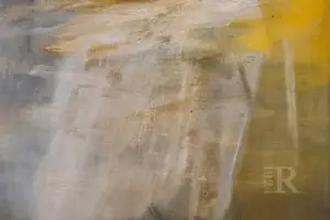 Close-up detail of an untitled 1960s abstract painting by Rochelle Blumenfeld in gray, ochre and gold, hanging in the living room at 1924 Rosemont