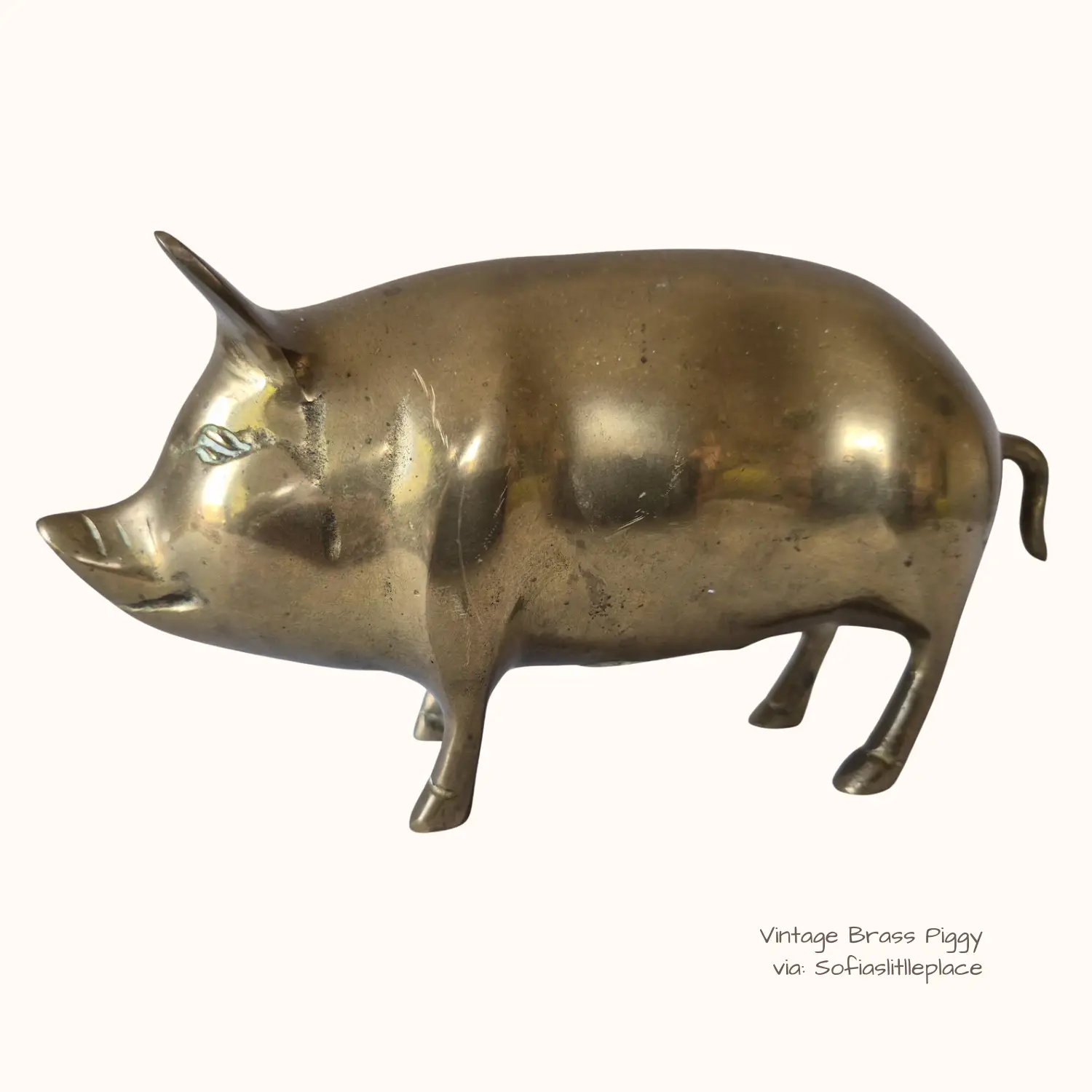 Vintage solid brass pig figurine with natural patina