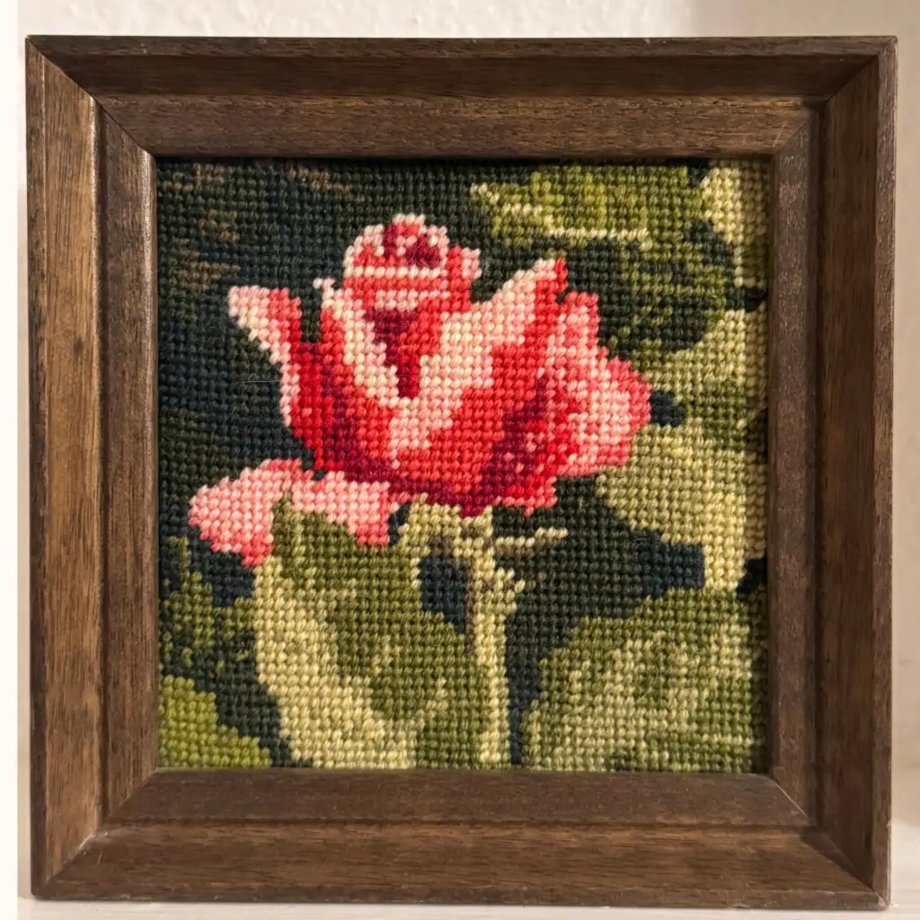 Framed vintage rose needlepoint found on Facebook Marketplace for under $20