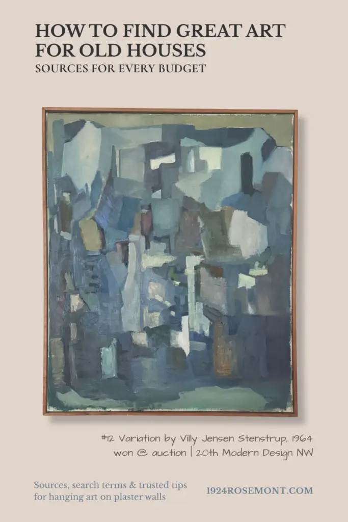 A 1964 blue and green abstract oil painting by Villy Jensen Stenstrup in a simple wood frame, vintage art won at an online auction for an old house.